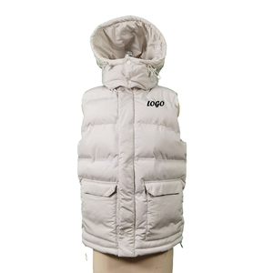 Chaleco Acolchado con Capucha Unisex Beige, Cortavientos, Informal, para Invierno, con Cierre de Cremallera, Color Sólido, Logotipo Frontal, Corte Regular - Product Image 1