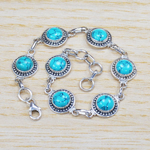 Pulsera de Eslabones Oxidados de Plata de Ley 925 Hecha a Mano con Cabujón Redondo de Turquesa Natural al por Mayor - Product Image 2