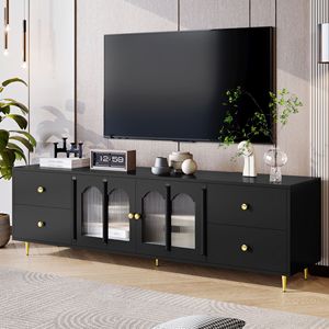 Soporte de TV Moderno de 70.9 Pulgadas con Puerta de Vidrio, Centro de Entretenimiento con 4 Cajones y 2 Gabinetes, Cinco Patas de Metal, para Televisores de hasta 75 Pulgadas - Product Image 1