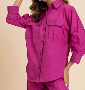 Women 2 Piece Co Ord <b>Set</b> Solid Color Oxford Fabric Long Sleeve Turn Down Collar Casual Full Length Pants Top <b>Set</b> - Product Image 4