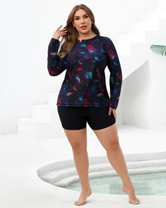 Custom Women Two Piece Rash Guard <b>Swimsuit</b> <b>Long</b> <b>Sleeve</b> Top With Tropical Print Shorts For Swimming Beach And Surf - Product Image 3