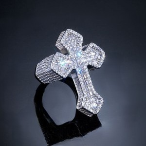 Cross <b>Cocktail</b> <b>Ring</b> With Baguette Cut Diamond Pave Setting 925 Silver Unisex Religious Jewelry - Product Image 1