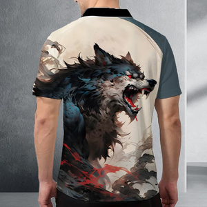 Polo con estampado digital de lobo oscuro rugiente para hombre |   Camiseta Artística con Cierre de Cremallera 1/4 Sublimada |   Ropa de Verano con Motivos Animales en Tonos Fríos y Atrevidos - Product Image 5