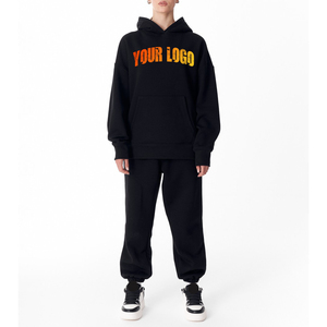 Conjunto de chándal de invierno personalizado para mujer, de encaje sólido, grueso, de 2 piezas, con jersey de manga larga y pantalones jogger de pierna ancha, negro - Product Image 1