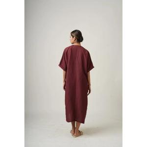 Robe tunique maxi en lin simple faite à la main avec manches courtes, col rond, poches, couleur unie confortable, toutes saisons, vêtements pour femmes - Product Image 4