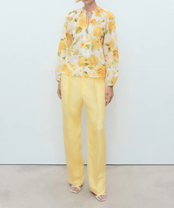 Chemisier en mousseline tissé à imprimé floral jaune pour femme, à manches longues et col chemise, respirant et écologique pour le quotidien - Product Image 1