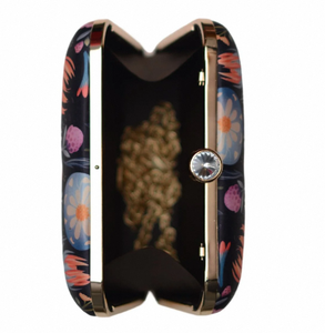 Elegant Floral Print Clutch Black Metal <b>Frame</b> Hard Case Premium Satin Fabric with Raw Silk Interior Decorative Lock - Product Image 2