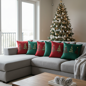 Juego de 6 Fundas de Almohada con Diseño de Árbol de Navidad, Rojo y Verde, 45 cm, Fundas de Cojín Festivas para Decoración Navideña - Product Image 3