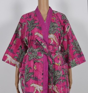 Kimono Kantha Vintage para Mujer, Estampado Floral y Animal, Algodón, Cintura Elástica, Cuello en V, Largo Completo, Secado Rápido, Casual - Product Image 1