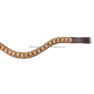 Elegante Diadema para Caballo de Cuero Acolchado Negro y Marrón con Tres Hileras de Cristales Dorados Brillantes Decorativos - Product Image 5