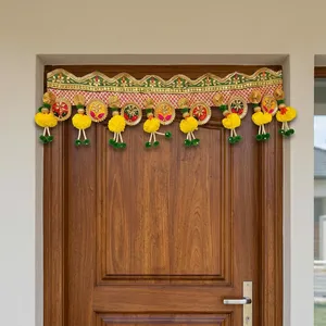 Beautiful Indian Bandhanwar with Intricate Embroidery Colorful Ornaments Yellow Flowers and Green Beaded Tassels - Product Image 1