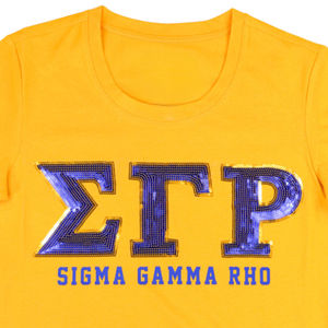 T-shirt décontracté SGRho en coton 100% avec patch à sequins dorés et lettres grecques brodées bleues, pour la sororité Sigma Gamma Rho, collection Greek Life Apparel - Product Image 6