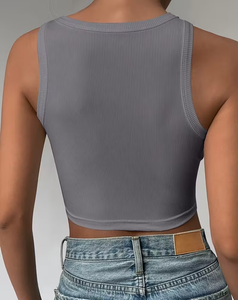 Customizable Black Ribbed Women's Polyester/Cotton Breathable Knitted Solid Short Sleeveless Casual Tank Top 160g Crew Front - Product Image 4