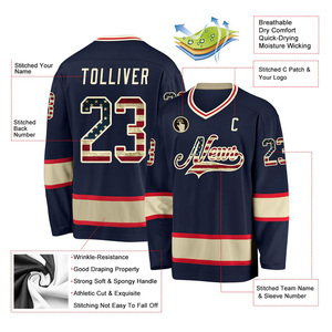 Maillot de hockey sur glace pour hommes, bleu marine, col en V, manches longues, impression sublimée, logo des équipes, tissu polyester respirant et anti-transpiration, vente en gros - Product Image 2