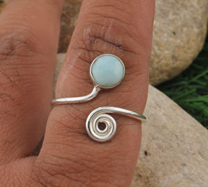Bague en Larimar naturel, argent sterling 925, cabochon rond simple, pierre précieuse bleue, bijoux classiques de mariage, bijoux océaniques pour femmes - Product Image 3