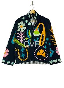 Abrigo de Terciopelo Estilo Bohemio, Manga Larga, Cuello Mandarín, Bordado Floral a Mano, Talla Grande, Ropa Exterior para Mujer, Prenda de Primavera - Product Image 2