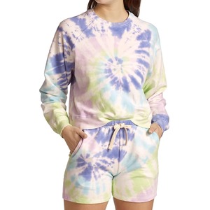 Sweat-shirt personnalisé pour femme, tie-dye, arc-en-ciel pastel bleu-vert, motif spirale tourbillonnante, col rond, manches raglan, pull en coton, mode, OEM, vente en gros - Product Image 5