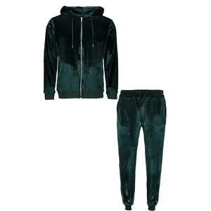Men's Dark Green Velvet <b>Hooded</b> Full <b>Zip</b> Tracksuit With Side Pockets Casual Autumn Wear - Product Image 3