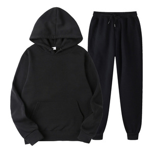 Ensemble de survêtement unisexe noir à capuche, haut à manches longues et pantalon de jogging, couleur unie, décontracté, pour l'automne, respirant, 100% coton - Product Image 1