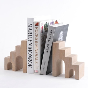 Geometric Wooden Bookends Minimalist Design Sculptural Shape 2Pcs Natural Finish Decorative <b>Book</b> Holder - Product Image 1