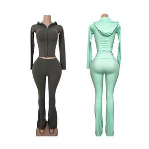 2026 Fashion Women's Two Piece Outfit - Slim Fit Full Zipper Hooded Jacket and High Waisted Flare Pants <b>Set</b> for Casual Wear - Product Image 2