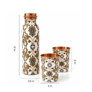 Floral Pattern Copper Water <b>Bottle</b> with 2 Glasses Reusable <b>Vintage</b> Design Portable Drinkware Set for Home Office & Outdoor Use - Product Image 5