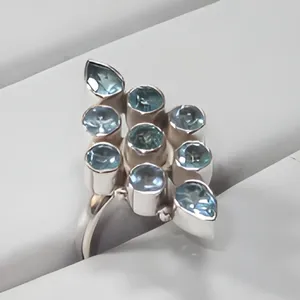 Anillo de Plata de Ley 925 con Topacio Azul en Forma de Flor, Engaste de Bisel, Corte de Pera, Joyería Bohemia para Mujer - Product Image 1
