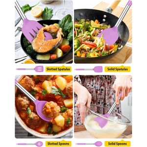 Set di 4 Utensili da Cucina in Silicone Senza BPA, Spatole Grandi Antiaderenti e Cucchiai Forati Resistenti al Calore di Colore Viola - Product Image 5