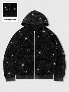 All Over <b>Rhinestone</b> Zip Up Hoodies Sparkle Crystal Studded Oversized Fit Streetwear Fleece Custom Logo Cotton <b>Jacket</b> for Men - Product Image 4