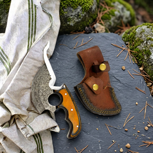 Couteau de chasse en acier Damas, manche en bois, étui en cuir, ambidextre, finition satinée moderne, compatible lave-vaisselle, lame de 4 à 5,9 pouces - Product Image 6