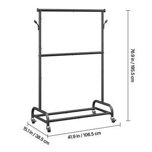 Appendiabiti a Rotelle in Acciaio al Carbonio Resistente, Capacità di Carico 68 kg, Barra Trasversale Regolabile con Ganci Laterali, Stendibiancheria - Product Image 5