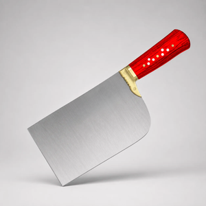 Cuchillo de carnicero con mango de madera roja y hoja ancha plateada, empuñadura remachada con refuerzo dorado para carnicería y preparación de carne en la cocina. - Product Image 1