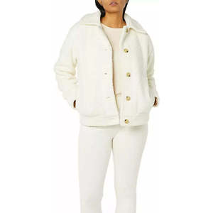 Veste en polaire sherpa boutonnée personnalisée, couleur blanc cassé, avec col classique, poches plaquées sur le devant, vêtements d'extérieur décontractés chauds pour l'hiver - Product Image 2