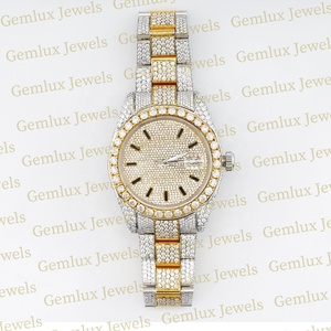 Testeur de diamants de qualité supérieure plaqué or 14 carats deux tons D VVS entièrement glacé Moissanite diamant Date automatique Montre Hip Hop - Product Image 1