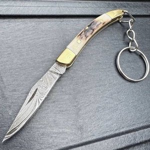 Mini Navaja Plegable de Damasco Personalizada con Llavero – Mango de Asta de Ciervo Auténtica y Anillo de Latón, Cuchillos Profesionales para Camping - Product Image 5