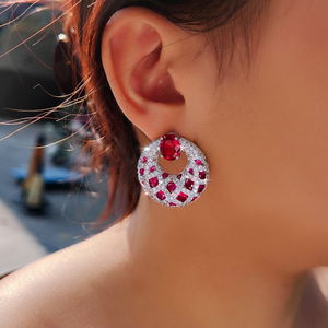 Moissanite <b>Red</b> Gemstone Hoop <b>Earrings</b> Round Statement <b>Earrings</b> Elegant Womens Jewellery Luxury Bridal Gift Fashion - Product Image 4