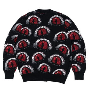 Cardigan tricoté pour homme à manches longues avec fermeture boutonnée, motif œil de chat noir et rouge, vêtement d'hiver 100 % acrylique anti-boulochage - Product Image 5