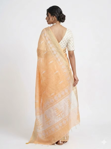 Sari de Algodón Naranja para Mujer con Estampado Blanco, Tradicional, Largo Regular, Estilo Casual de India y Pakistán, Elegante, Reciclado, de Secado Rápido - Product Image 3
