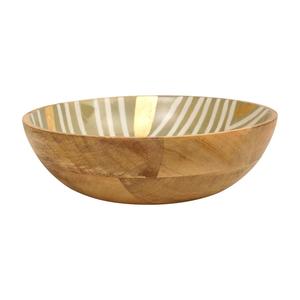 Cuenco de madera esmaltado a rayas color oliva con detalles de lámina de oro, recipiente decorativo para mesa - Product Image 3