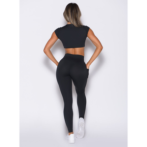 Latest Custom Logo OEM Women's Solid Washed Black <b>Cross</b> Waist Band Leggings Bra 2-Piece Workout Set Breathable Yoga Fitness - Product Image 2