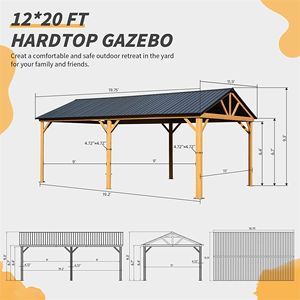 Gazebo e Pergola 12x20ft con Tetto Rigido in Acciaio Zincato, Struttura in Alluminio Effetto Legno, Tettoia Permanente da Esterno - Product Image 6
