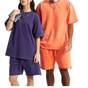 Wholesale Men's Vintage Acid Wash Breathable Heavyweight Cotton Two-Piece T-Shirt and Shorts <b>Set</b> Custom Logo Summer Streetwear - Product Image 3