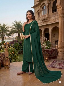 Conjunto de Salwar Kameez de Lujo en Verde Botella Tradicional, Tela Faux Georgette, Bordado Chikankari Lucknowi, Secado Rápido, Corte Recto, para Fiesta - Product Image 5