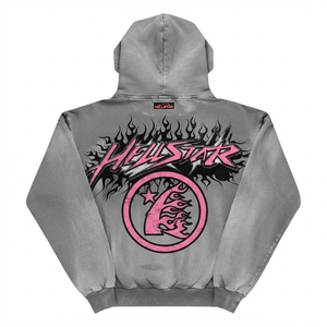 Sweat-shirt décontracté gris pour homme avec logo flamme rose, coupe ample, poche avant, imprimé, 100 % coton molletonné, écologique - Product Image 2