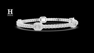 Exquisite Gold Tennis <b>Bracelet</b> Featuring Emerald Cut Centerpiece and Round Diamond Halo - Product Image 6