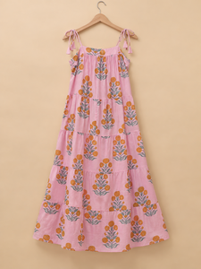 Pink Floral Print <b>Maxi</b> <b>Dress</b> Spaghetti <b>Strap</b> A-Line Boho Summer Casual Loose Tiered Woven Cotton <b>Dress</b> - Product Image 5