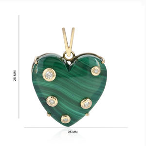 Pendentif Cœur en Diamant Naturel et Malachite, Bijou en Or 14 carats, Dos en Argent 925 Oxydé - Product Image 1
