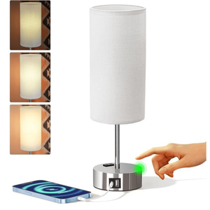 Lampada da Tavolo in Lino Dimmerabile a 3 Livelli con Porte di Ricarica USB A+C, Piccola Lampada da Comodino con Controllo Touch e Presa AC - Product Image 1