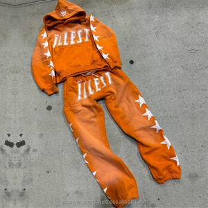 Sudadera con capucha y pantalones de chándal holgados de pierna ancha con cremallera cuadrada estampada gráfica personalizada conjunto DTG estampado desgastado chándal para hombre - Product Image 5