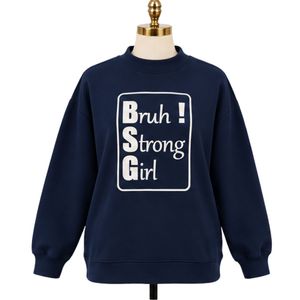 <b>Womens</b> Midnight Navy Blue Oversized Sweatshirt <b>White</b> Strong Girl Graphic Print Crew Neck Long Sleeve Casual Streetwear Pullover - Product Image 1